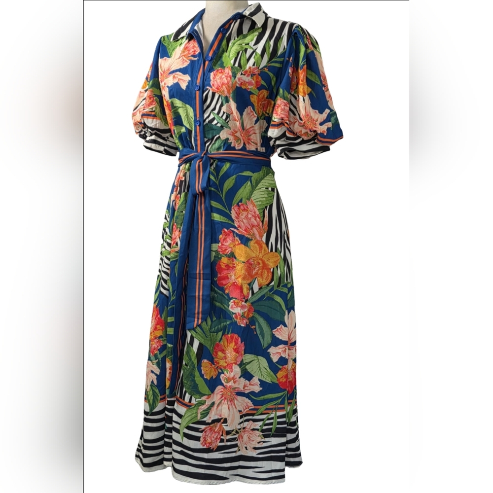 Floral Blue Midi Shirt Dress with Belt